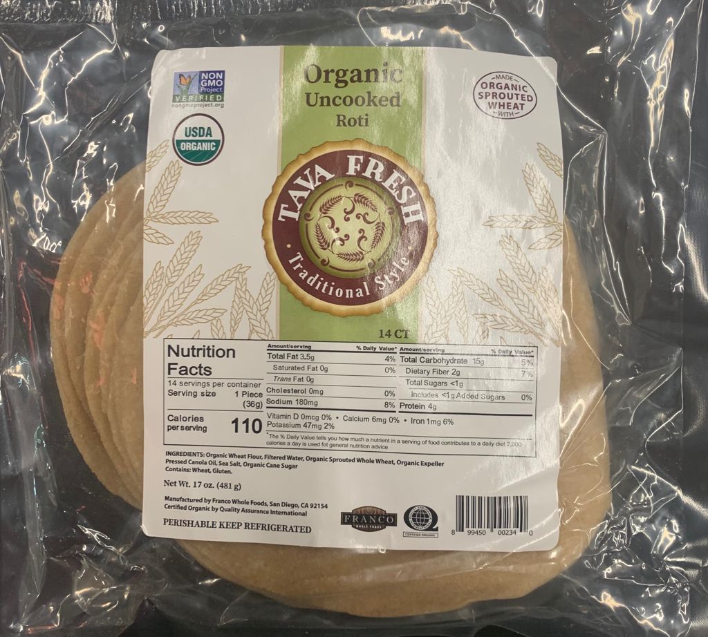 TAVA ORGANIC UNCOOKED ROTI 14 QTY